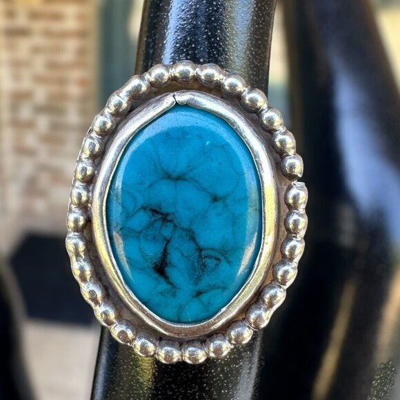 VTG Old Pawn Native American Sterling Silver‎ & Turquoise Ring Size 4 Signed DB - Picture 1 of 10